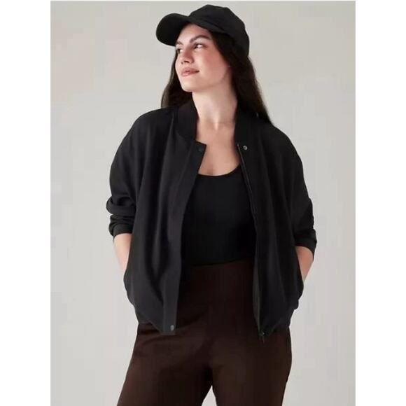 Athleta Endless Bomber Jacket Black Sz.Large NWT $139 Sustainable Fabric Stretch - Picture 2 of 8
